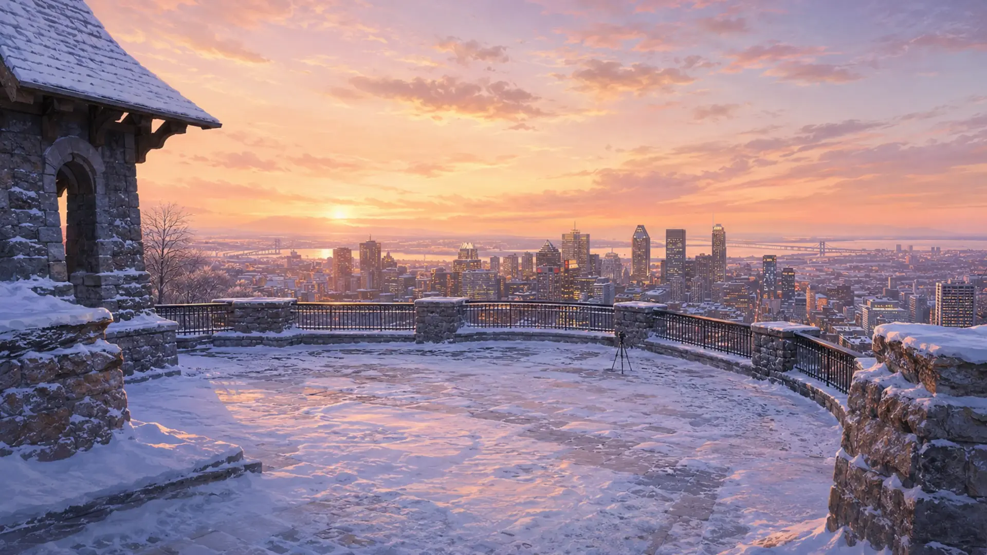 Kondiaronk lookout above snowy Montréal at sunset