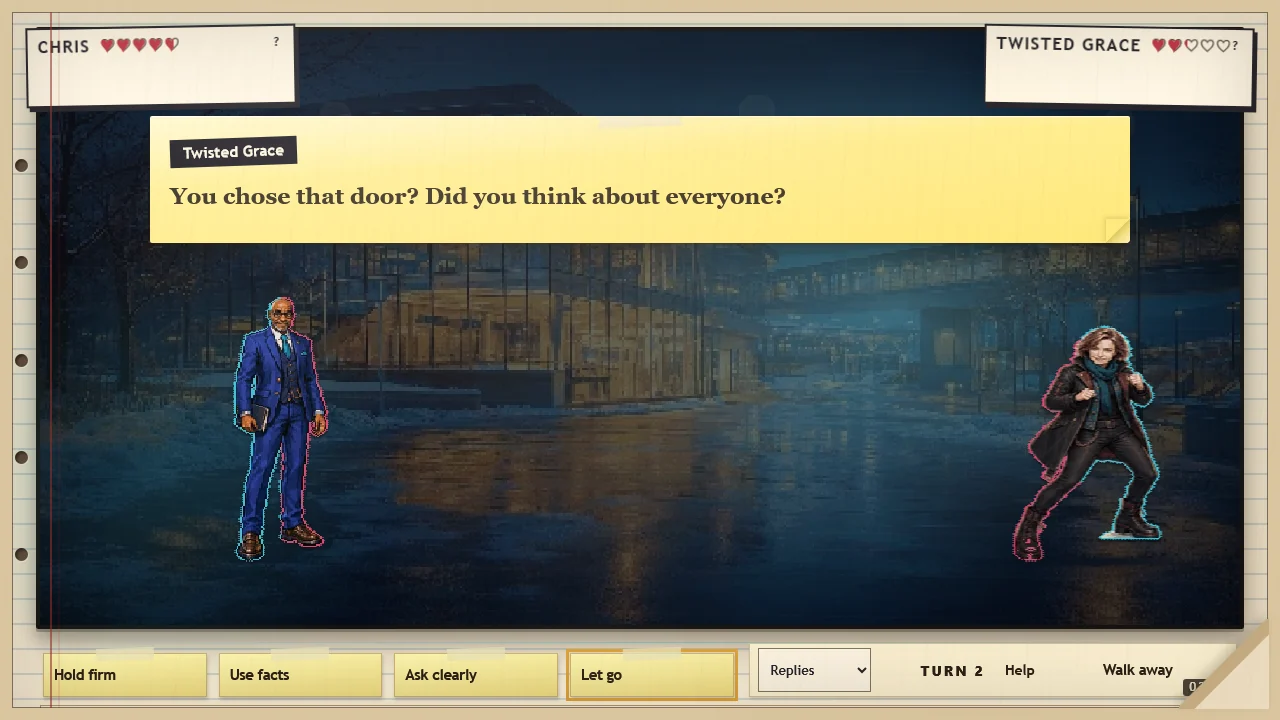 A 16-bit battle beside a rainy glass building: Chris on the left, Twisted Grace on the right, her line on yellow paper above