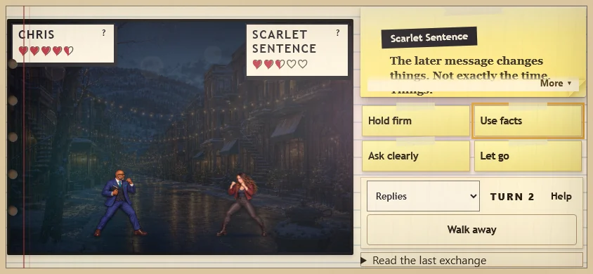 A 24-bit battle on Duluth in a phone-sized landscape window: the street on the left, Scarlet Sentence’s line and the four replies on the right